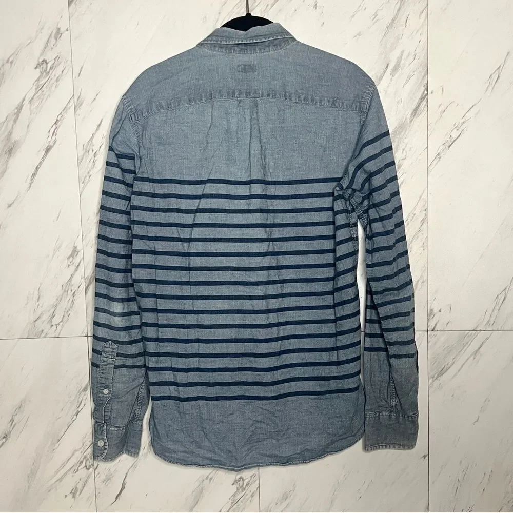 J Crew Blue Stripe Cotton Chambray Denim Slim Button Up Shirt Small S
